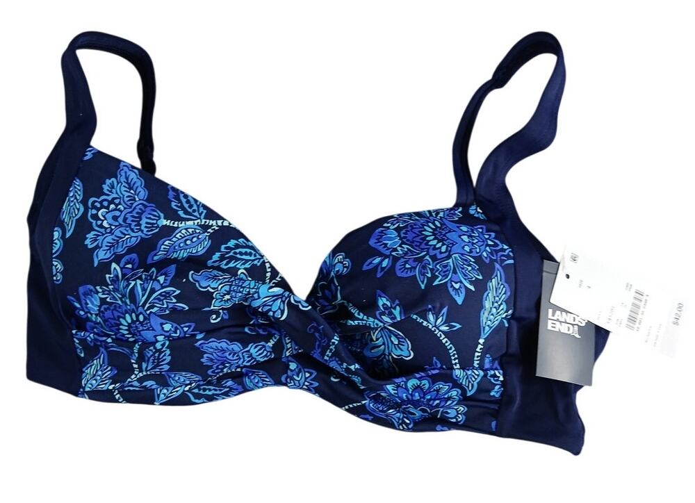 Lands' End Swim Top Womens Size 4 Blue Floral Bikini Padded Underwire UPF 50 NWT
